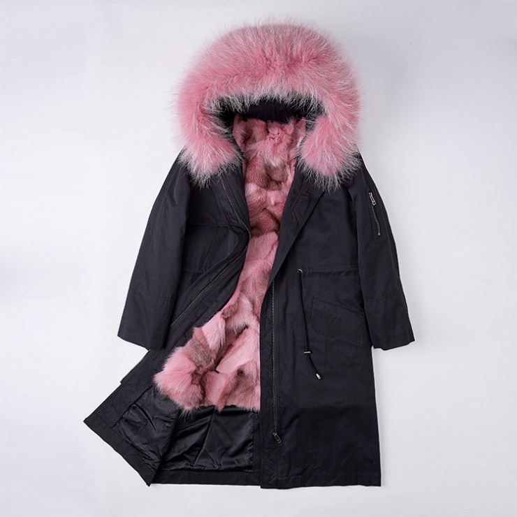 Detachable Fox Fur Lined Parka with Raccoon Fur Trimmed Hood 248 Black-Pink